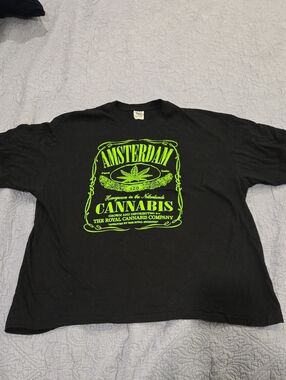 Amsterdam Cannabis Graphic Tee - Black with Neon Green Print Size XL!